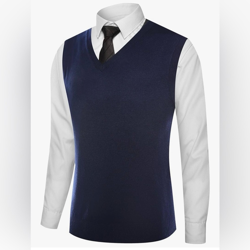 Kallspin Classic Navy Blue Wool Blend V-Neck Sweater Vest, Size L